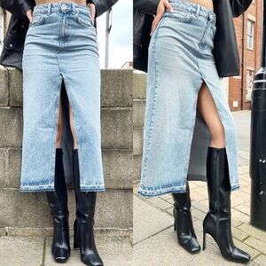 Stylish Blue Denim Maxi Skirt with Front Slit